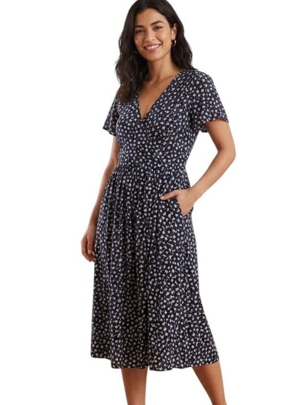 Madewell Navy Floral Wrap Midi Dress with pockets
